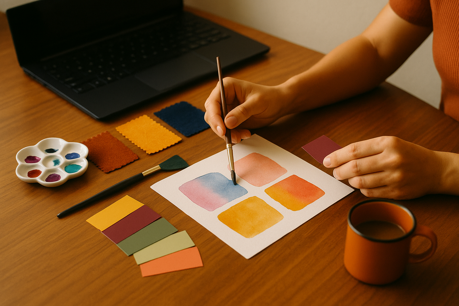A creative freelancer’s workspace — a freelance designer’s desk with warm window light, an iPad and stylus, paper sketches, color swatches, and a laptop open to design work.