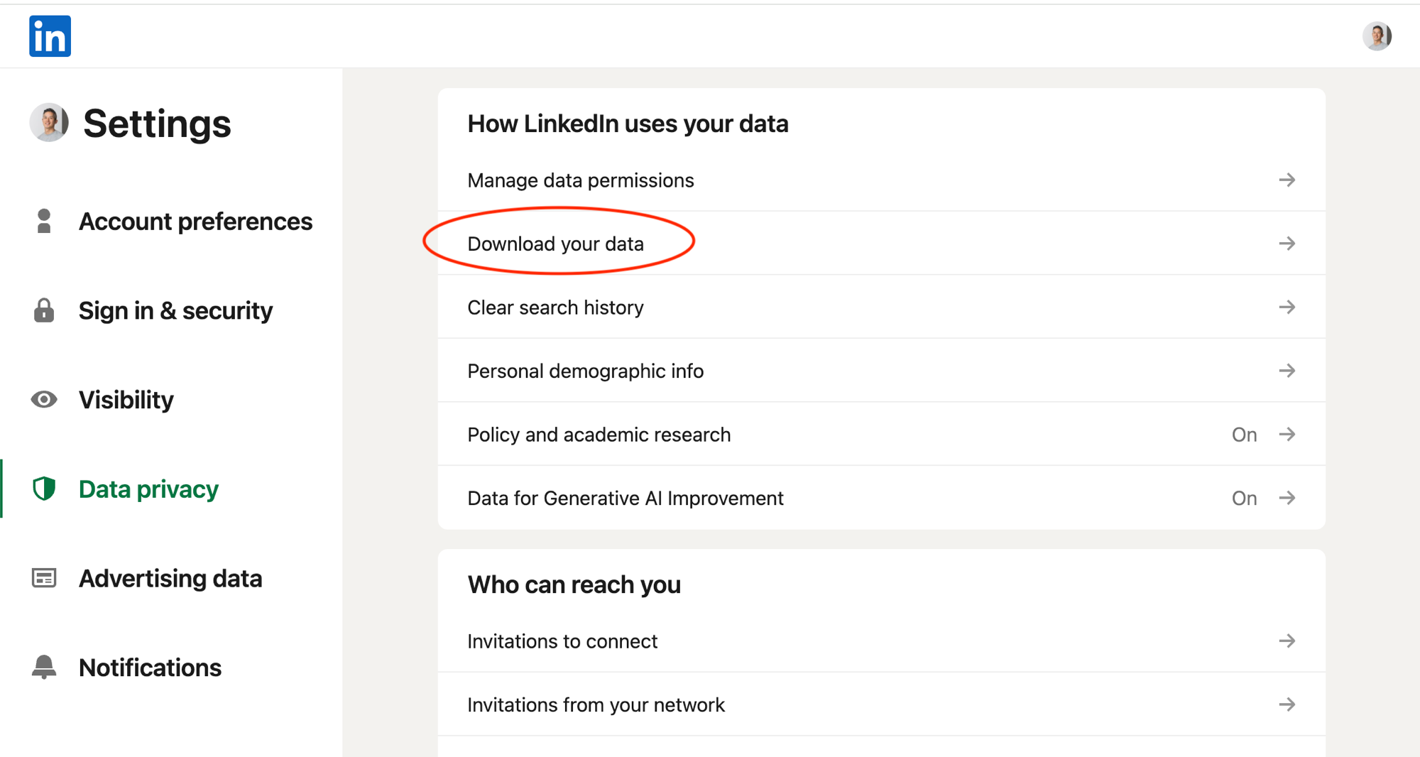 LinkedIn Settings → Data privacy → Download your data